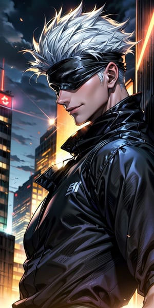 1boy,japanese, handsome, 28 years old, satoru gojo, blindfold, black outfit, white hair, battle pose, smirk, city night with full moon background, wallpaper, cinematic,High resolution 8K, Bright light illumination, lens flare, sharpness, masterpiece, top-quality, The ultra -The high-definition, high resolution, extremely details CG, Anime style, Film Portrait Photography,masterpice,hyperdetail,Cursed energy,Mecha body