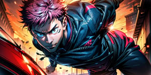 1boy, 173 cm, itadori yuuji, battle pose, black outfit, pink hair, dynamic pose, red and dark background, wallpaper, cinematic,High resolution 8K, Bright light illumination, lens flare, sharpness, masterpiece, top-quality, The ultra -The high-definition, high resolution, extremely details CG, Anime style, Film Portrait Photography,masterpice,hyperdetail,Cursed energy,itadori_yuuji,full body shot