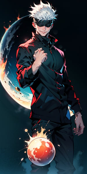 1boy, satoru gojo, blindfold, black outfit, white hair, standing, floating red energy sphere on right hand, floating blue energy sphere on left hand, smirk, dark background, wallpaper, cinematic