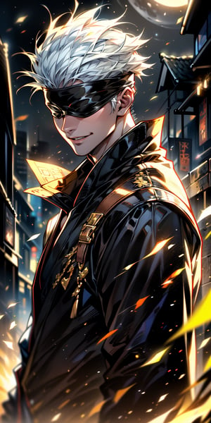 1boy,japanese, handsome, 28 years old, satoru gojo, blindfold, black outfit, white hair, battle pose, smirk, city night with full moon background, wallpaper, cinematic,High resolution 8K, Bright light illumination, lens flare, sharpness, masterpiece, top-quality, The ultra -The high-definition, high resolution, extremely details CG, Anime style, Film Portrait Photography,masterpice,hyperdetail,Cursed energy,