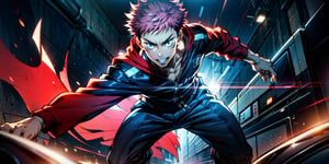 1boy, 173 cm, itadori yuuji, battle pose, black outfit, pink hair, battle pose, happy, red and dark background, wallpaper, cinematic,High resolution 8K, Bright light illumination, lens flare, sharpness, masterpiece, top-quality, The ultra -The high-definition, high resolution, extremely details CG, Anime style, Film Portrait Photography,masterpice,hyperdetail,Cursed energy,itadori_yuuji,full body shot