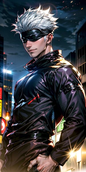1boy,japanese, handsome, 28 years old, satoru gojo, blindfold, black outfit, white hair, battle pose, smirk, city night with full moon background, wallpaper, cinematic,High resolution 8K, Bright light illumination, lens flare, sharpness, masterpiece, top-quality, The ultra -The high-definition, high resolution, extremely details CG, Anime style, Film Portrait Photography,masterpice,hyperdetail,Cursed energy,