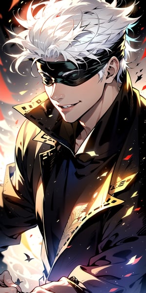 1boy, satoru gojo, blindfold, black outfit, white hair, battle_stance, smirk, red and blue energy background, wallpaper, cinematic,Detailedface