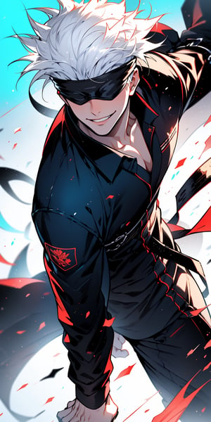 1boy, satoru gojo, blindfold, black outfit, white hair, battle_stance, smirk, red and blue energy background, wallpaper, cinematic,