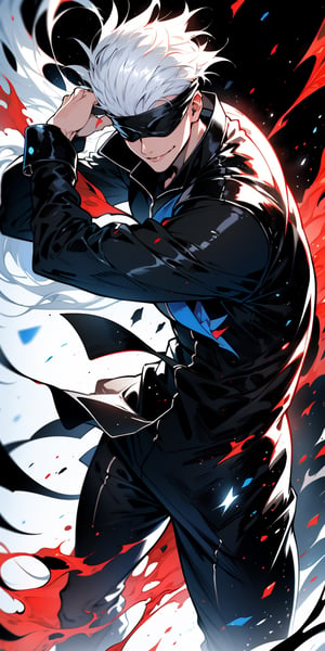 1boy, satoru gojo, blindfold, black outfit, white hair, battle_stance, smirk, red and blue energy background, wallpaper, cinematic,