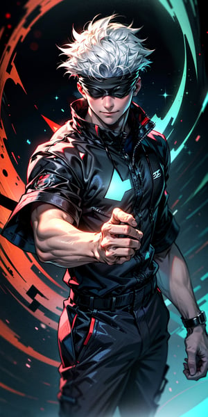 1boy, satoru gojo, blindfold, black outfit, white hair, battle pose (( red energy void in right hand,blue energy void in left hand)), smirk, red and blue moon background, wallpaper, cinematic,High resolution 8K, Bright light illumination, lens flare, sharpness, masterpiece, top-quality, The ultra -The high-definition, high resolution, extremely details CG, Anime style, Film Portrait Photography,masterpice,hyperdetail,Cursed energy,1 girl, body shot