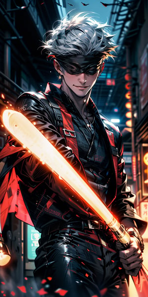 1boy,japanese, handsome, 28 years old, satoru gojo, blindfold, black outfit, white hair, battle pose, smirk, city night with full moon background, wallpaper, cinematic,High resolution 8K, Bright light illumination, lens flare, sharpness, masterpiece, top-quality, The ultra -The high-definition, high resolution, extremely details CG, Anime style, Film Portrait Photography,masterpice,hyperdetail,Cursed energy,midjourney