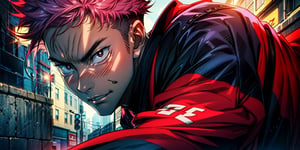 1boy, 173 cm, itadori yuuji, battle pose, black outfit, pink hair, dynamic pose, red and dark background, wallpaper, cinematic,High resolution 8K, Bright light illumination, lens flare, sharpness, masterpiece, top-quality, The ultra -The high-definition, high resolution, extremely details CG, Anime style, Film Portrait Photography,masterpice,hyperdetail,Cursed energy,itadori_yuuji,