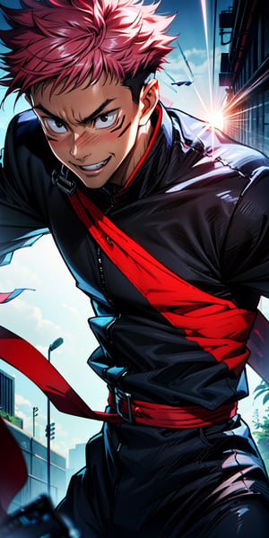 1boy, itadori yuuji, black outfit, long black pants, pink hair, battle pose, smile, red and dark background, wallpaper, cinematic,High resolution 8K, Bright light illumination, lens flare, sharpness, masterpiece, top-quality, The ultra -The high-definition, high resolution, extremely details CG, Anime style, Film Portrait Photography,masterpice,hyperdetail,Cursed energy,1 girl, body shot,itadori_yuuji