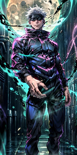 1boy, full body shot, perfect fingers, satoru gojo, blindfold, black outfit, white hair, use skill pose (( red energy void in right hand,blue energy void in left hand)), smirk, red and blue moon background, wallpaper, cinematic,High resolution 8K, Bright light illumination, lens flare, sharpness, masterpiece, top-quality, The ultra -The high-definition, high resolution, extremely details CG, Anime style, Film Portrait Photography,masterpice,hyperdetail,Cursed energy