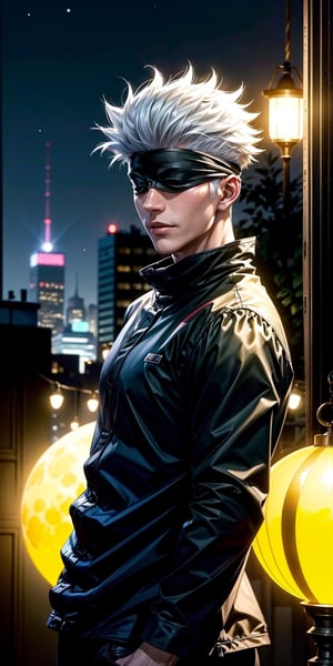 1boy,japanese, handsome, satoru gojo, blindfold, black outfit, white hair, battle pose, smirk, city night with full moon background, wallpaper, cinematic,High resolution 8K, Bright light illumination, lens flare, sharpness, masterpiece, top-quality, The ultra -The high-definition, high resolution, extremely details CG, Anime style, Film Portrait Photography,masterpice,hyperdetail,Cursed energy, body shot,Detailedface,photorealistic,Masterpiece,Extremely Realistic,modelshoot style,REALISTIC
