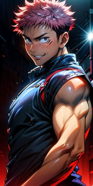 1boy, itadori yuuji, battle pose, black outfit, pink hair, battle pose, smile, red and dark background, wallpaper, cinematic,High resolution 8K, Bright light illumination, lens flare, sharpness, masterpiece, top-quality, The ultra -The high-definition, high resolution, extremely details CG, Anime style, Film Portrait Photography,masterpice,hyperdetail,Cursed energy,itadori_yuuji
