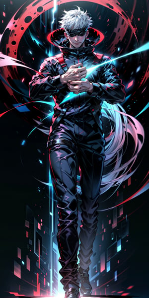 1boy, satoru gojo, blindfold, black outfit, white hair, battle pose (( red energy void in right hand,blue energy void in left hand)), smirk, red and blue moon background, wallpaper, cinematic,High resolution 8K, Bright light illumination, lens flare, sharpness, masterpiece, top-quality, The ultra -The high-definition, high resolution, extremely details CG, Anime style, Film Portrait Photography,masterpice,hyperdetail,Cursed energy,1 girl, body shot