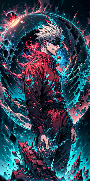 1boy, satoru gojo, blindfold, black outfit, white hair, standing, floating red energy sphere on right hand, floating blue energy sphere on left hand, smirk, red and blue energy background, wallpaper, cinematic,fantasy00d