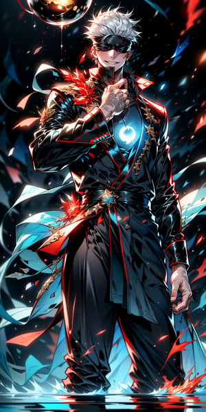 1boy, satoru gojo, blindfold, black outfit, white hair, standing, floating red energy sphere on right hand, floating blue energy sphere on left hand, smirk, red and blue energy background, wallpaper, cinematic,fantasy00d,1 girl