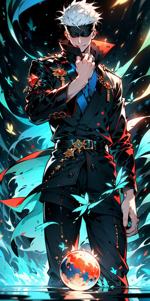 1boy, satoru gojo, blindfold, black outfit, white hair, standing, floating red energy sphere on right hand, floating blue energy sphere on left hand, smirk, red and blue energy background, wallpaper, cinematic,fantasy00d,1 girl