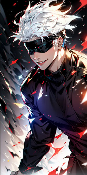 1boy, satoru gojo, blindfold, black outfit, white hair, battle_stance, smirk, red and blue energy background, wallpaper, cinematic,Detailedface