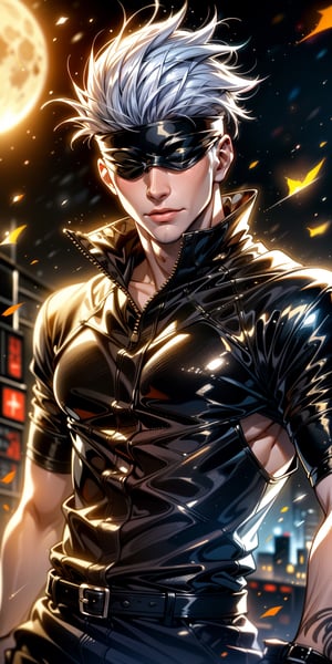 1boy,japanese, handsome, satoru gojo, blindfold, black outfit, white hair, battle pose, smirk, city night with full moon background, wallpaper, cinematic,High resolution 8K, Bright light illumination, lens flare, sharpness, masterpiece, top-quality, The ultra -The high-definition, high resolution, extremely details CG, Anime style, Film Portrait Photography,masterpice,hyperdetail,Cursed energy, body shot,Detailedface,photorealistic,Masterpiece,Extremely Realistic,