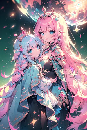 Two girls, one in front of the other, cosmic background, light blue and pink hair, futuristic, airy, sphere costumes, very cute, planets, constellations, crowns, king's daughter, starry cape, light and airy!