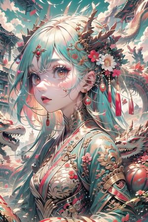 Unexpected character design, a dragon girl with dragon horns on her head, wearing shiny clothes with scales, a Chinese dragon beside her, misty background with clouds, Chinese palace architecture