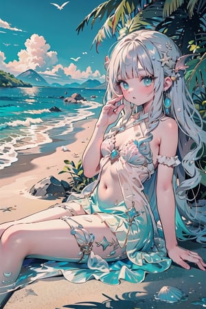 Surprise creation of a silver-haired mermaid wearing seashell creations sitting on the beach with the sea in the background and seashells on the beach