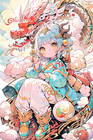 Unexpected character design, dragon girl with dragon horns on her head, wearing shiny scale clothes, with a Chinese dragon next to her, misty background, Chinese palace architecture, dragon baby, watercolor, non-full page, hand held golden sphere