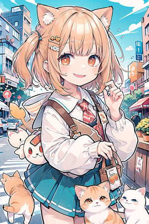 A very classic creation. This is a storyboard style drawing, the protagonist is a female student. On her way to school, taiyaki in hand, she meets a group of adorable orange cats. She has short orange hair and wears a school uniform. She showed his taiyaki to the cats, smiling proudly