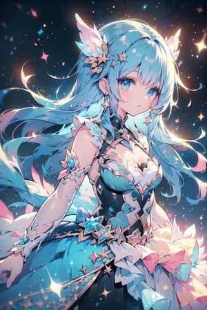 a girl with cosmic background, light blue hair, futuristic, airy, sphere dress, very cute, planets, constellations, lightweight