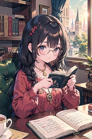 Masterpiece, a girl, Republican style, vintage style, long black curls tied with a hair band, braided hair, small framed pendant glasses, gorgeous red lace dress, reading a book, teacups, bookshelves, afternoon sun, very cute, palace