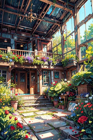 Masterpiece, this is a scene, the scene is in an abandoned and deserted glass house, the house is full of rosebuds, the house furniture is made of gold and precious stones, very rich, full of hope and emotion, the atmosphere is more layered, as if in a fantasy world, the flowers and plants live freely