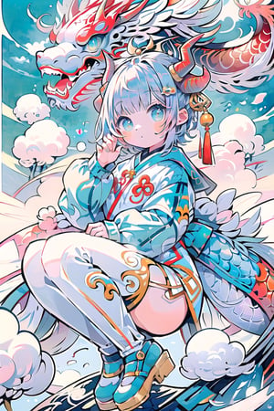 Unexpected character design, a dragon girl with dragon horns on her head, wearing shiny clothes with scales, a Chinese dragon beside her, misty background with clouds, Chinese palace architecture,dragonbaby,fantasy00d,watercolor