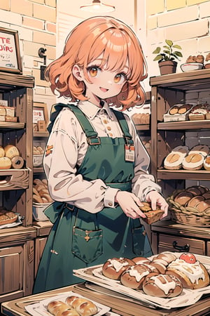 This is an unexpected drawing. The protagonist is a girl. He is the owner of a bakery. He is putting freshly baked bread on the shelves. He looks cute, has orange hair, and wears a country-style apron. The girl is smiling and the bread looks delicious