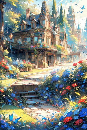 Masterpiece, this is a scene, the scene is in a castle made of glass, the garden is full of roses, everything in the garden is made of gold and precious stones, very rich castle manor, full of hope and emotion atmosphere, more layered, as if in a fantasy world, the grass and trees live freely