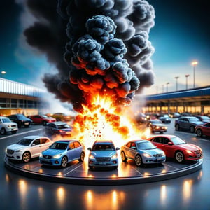 miniature scene, exaggerated scale, cars mid-explosion, customs officers frozen in action attempting to intervene, vibrant flames engulfing vehicles, smoke plumes rising, background blur of airport terminal, deep focus, dramatic lighting, glossy finish, highly detailed exploding cars, dynamic shadows, cinematic.