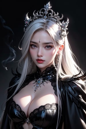 This is a real photo of a fantasy art depicting a gothic queen. She is approximately 25 years old, and the character is shrouded in high-contrast lighting that highlights her cascading silver hair and the ornate skull crown atop her head. A pair of breasts that she is proud of, and in her hands she holds a human skeleton, the shape of which adds a grotesque beauty to the image. Her outfit was adorned with intricate jewelry that highlighted the dark glamor she possesses. The background of this scene is filled with ethereal tendrils of smoke, swirling against a deep black background, further enhancing the Gothic aesthetic of the portrait.