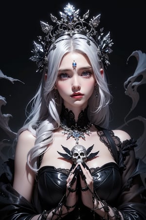 This is a real photo of a fantasy art depicting a gothic queen. She is approximately 25 years old, and the character is shrouded in high-contrast lighting that highlights her cascading silver hair and the ornate skull crown atop her head. A pair of breasts that she is proud of, and in her hands she holds a human skeleton, the shape of which adds a grotesque beauty to the image. Her outfit was adorned with intricate jewelry that highlighted the dark glamor she possesses. The background of this scene is filled with ethereal tendrils of smoke, swirling against a deep black background, further enhancing the Gothic aesthetic of the portrait.