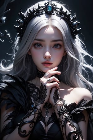 This is a fantasy art realstic photo depicting a gothic queen. The character is enshrouded in high contrast lighting, highlighting her cascading silver hair and the ornate skull crown resting atop her head. She grips a human skeleton in her hands, its skeletal form adding an element of eerie beauty to the image. Her attire is adorned with intricate jewelry, accentuating the dark allure she possesses. The backdrop for this scene is filled with ethereal tendrils of smoke swirling against a deep black background, further intensifying the gothic aesthetic of this portrait.