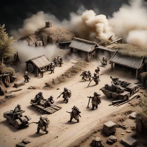 Miniature scene depicting Qi army retreat amidst failed assaults on a detailed battlefield, strategic withdrawal highlighted in shift lens photography, war-torn landscape, miniature soldiers in retreat, camp remnants, contrast of defeat and survival, low angle view, vintage parchment texture, faded sepia tones, sharp focus on retreating figures, hazy smoke background, ultra realistic, dramatic lighting