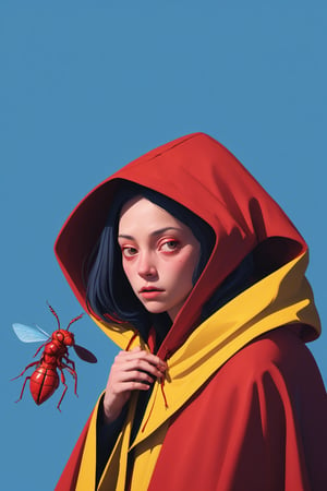 A person with a pensive expression, wrapped in a yellow hooded cloak, gently cradles a bright red, humanoid insect-like creature against a solid blue background.