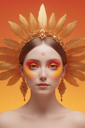 A 3D rendering of a woman's face. She is wearing an elaborate golden headpiece and has red and orange makeup on her face. Her eyes are closed and she has a serene expression on her face. The background is a gradient of orange and yellow.

