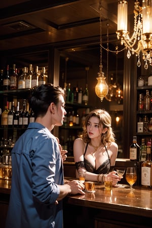 An illustration of a moody, dimly lit bar scene. In the center is an enchanting woman with golden curly hair, wearing seductive lingerie, dancing gracefully on the counter. Surrounding her are various empty bottles and glasses scattered around carelessly, reflecting the faint light of the bar. A group of men in casual clothing are seen on one side of the image, their faces illuminated by soft light as they keenly watch the performance while nursing their drinks. The entire setting exudes a late-night ambiance mixed with mystery and intrigue.
