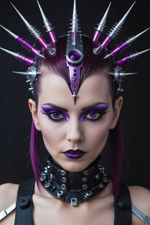 a close up of a woman with spikes on her head, intricate cyberpunk make - up, portrait of a cyborg queen, cyberpunk makeup, gothic and futuristic, hyper - goth, cyberpunk medusa, dark purple hair and cybernetics, futuristic look, integrated synthetic android, fashionable futuristic woman, symmetry! futuristic robotic, hyper-realistic cyberpunk style