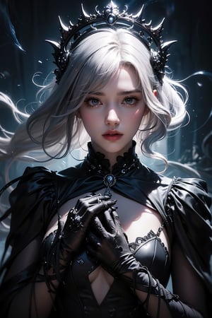This is a fantasy art realstic photo depicting a gothic queen. The character is enshrouded in high contrast lighting, highlighting her cascading silver hair and the ornate skull crown resting atop her head. She grips a human skeleton in her hands, its skeletal form adding an element of eerie beauty to the image. Her attire is adorned with intricate jewelry, accentuating the dark allure she possesses. The backdrop for this scene is filled with ethereal tendrils of smoke swirling against a deep black background, further intensifying the gothic aesthetic of this portrait.