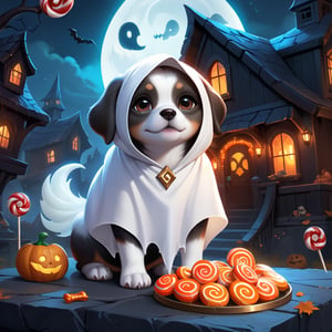 (cute dog wearing ghost costume), (haunted house background), (candy), a concept art icon for league of legends, a digital art logo, illustration, league of legends style icon, inspired by wlop style, 8k, dota 2 style icon, fine details, sharp, very detailed icon, high resolution rpg ability/spell/item icon, natural beauty