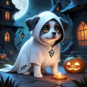 (cute dog wearing ghost costume), (haunted house background), a concept art icon for league of legends, a digital art logo, illustration, league of legends style icon, inspired by wlop style, 8k, dota 2 style icon, fine details, sharp, very detailed icon, high resolution rpg ability/spell/item icon, natural beauty