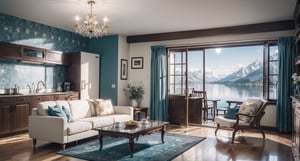 In a cozy living room, bathed in warm light from a chandelier, a (beautiful), (lake) can be seen through the (large window), its (mountain)s silhouetted against the (night sky). A (star) twinkles brightly above. The room is (50s), (60s), (mid-century modern) in style, with (pastel colors), (floral) patterns on the (wallpaper) and (curtains). A (vintage) (kitchen) is visible through an (open doorway), complete with (retro appliances) and (colorful dishes).