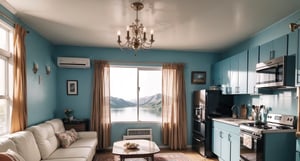 In a cozy living room, (aliens), (otherworldly:1.4), bathed in warm light from a chandelier, a (beautiful), (lake) can be seen through the (large window), its (mountain)s silhouetted against the (night sky). A (star) twinkles brightly above. The room is (50s), (60s), (mid-century modern) in style, with (pastel colors), (floral) patterns on the (wallpaper) and (curtains). A (vintage) (kitchen) is visible through an (open doorway), complete with (retro appliances) and (colorful dishes).