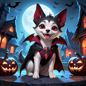 (cute dog wearing vampire costume), (haunted house background), (cute vampire fang), a concept art icon for league of legends, a digital art logo, illustration, league of legends style icon, inspired by wlop style, 8k, dota 2 style icon, fine details, sharp, very detailed icon, high resolution rpg ability/spell/item icon, natural beauty