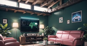  In a cozy, rustic living room, (retro-futuristic control panel). The (living room) is furnished with vintage (1950s-inspired furniture), and adorned with (nostalgic decorations). A (DeLorean) time machine rests in the corner, its (flux capacitor) glowing softly. The (sky outside) is a deep shade of (indigo), (stars twinkling overhead). A (pink neon sign) hangs on the wall, proclaiming "GROOVY!". A (potted plant) sits on the (coffee table), its leaves (glowing green).  