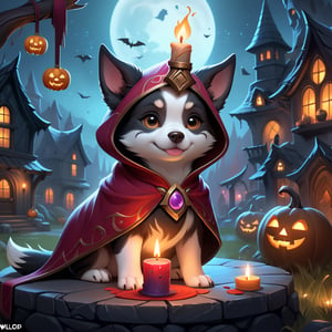 (cute dog wearing candle costume), (haunted house background), (cute), a concept art icon for league of legends, a digital art logo, illustration, league of legends style icon, inspired by wlop style, 8k, dota 2 style icon, fine details, sharp, very detailed icon, high resolution rpg ability/spell/item icon, natural beauty